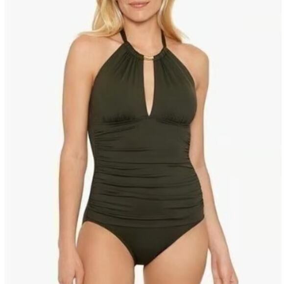 Lauren Ralph Lauren High-Neck One-Piece Olive Green Ruched Women's 16 - Picture 2 of 13